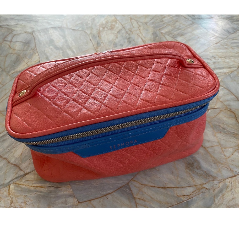 Sephora Quilted Makeup Bag Coral Pink Blue Trim Zippered Travel Train Case